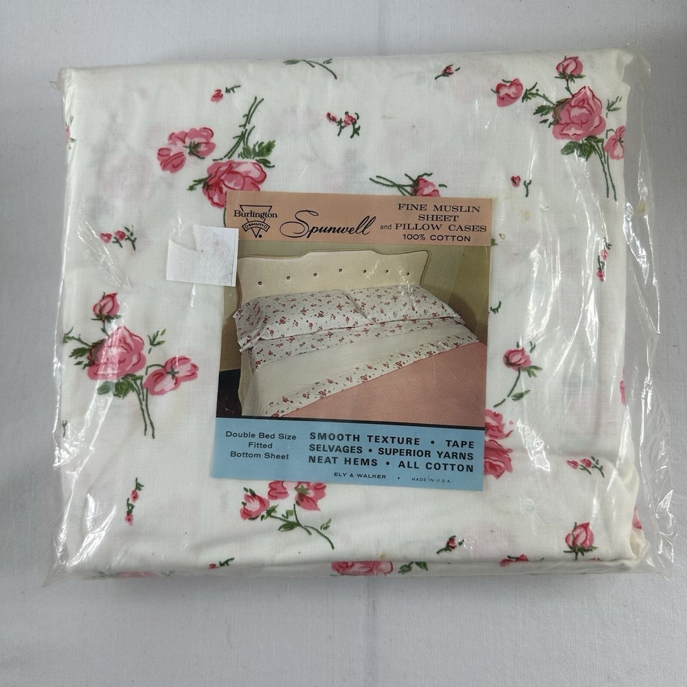 Vintage NOS Burlington Floral Pink Full Fitted Sheet & Two Pillow Cases Sealed